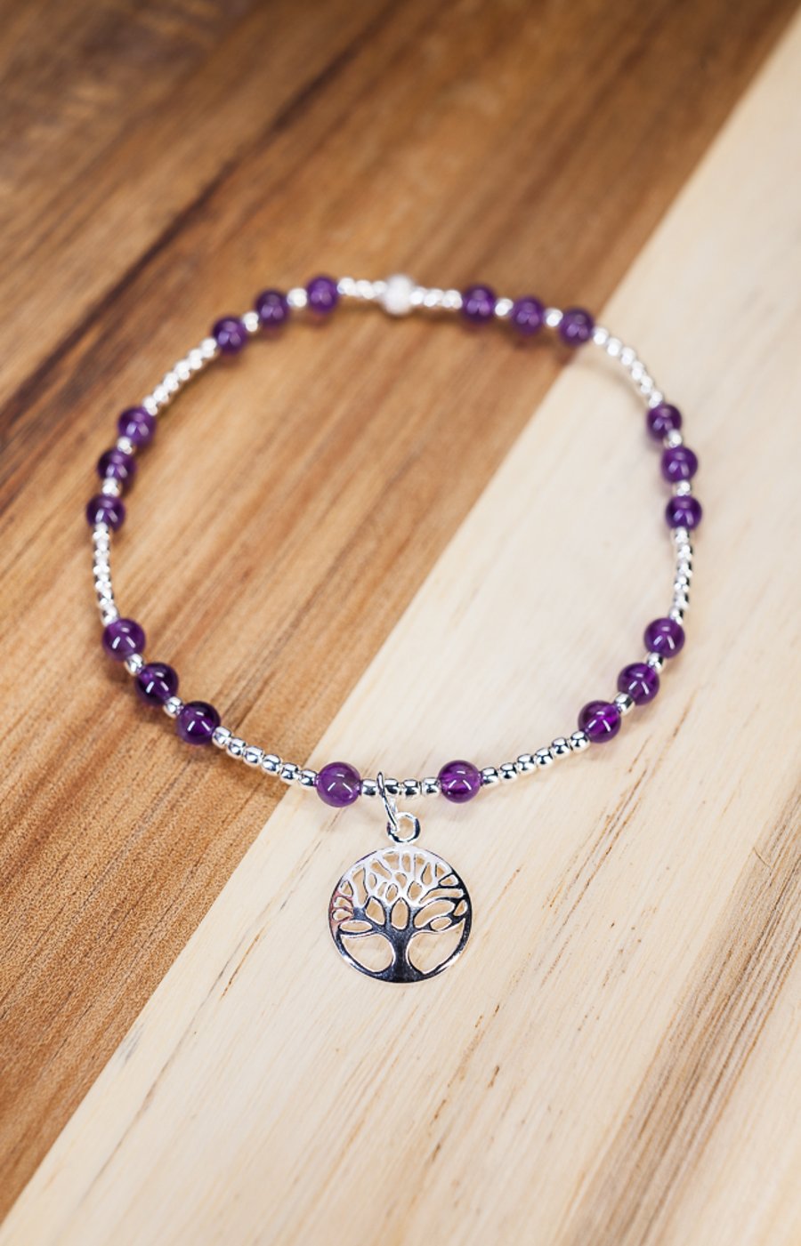 Amethyst and Sterling Silver Tree of Life stretch beaded Bracelet