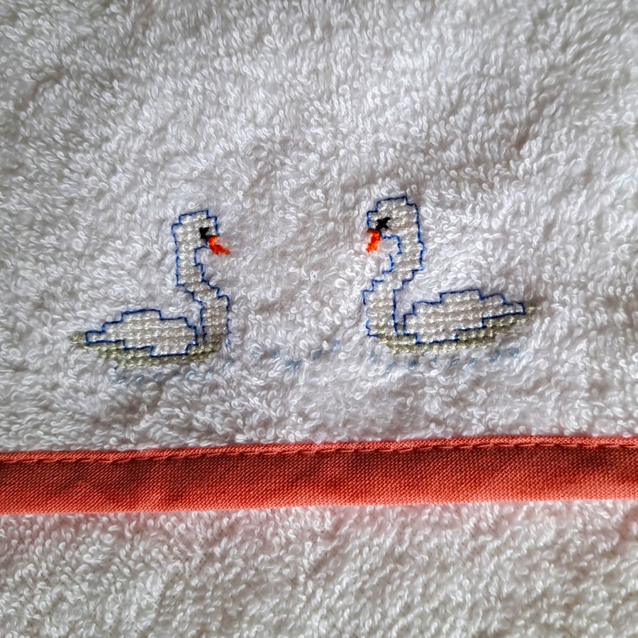 Swans, hooded baby towel, hand embroidered