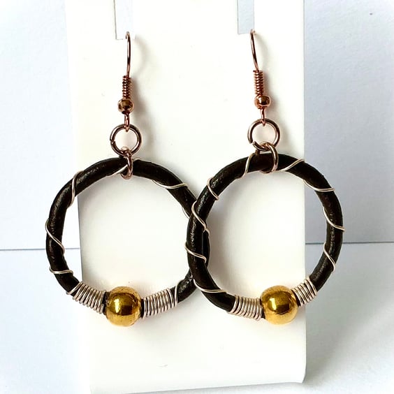 Leather Hoop Earrings with Wire Wrap Feature