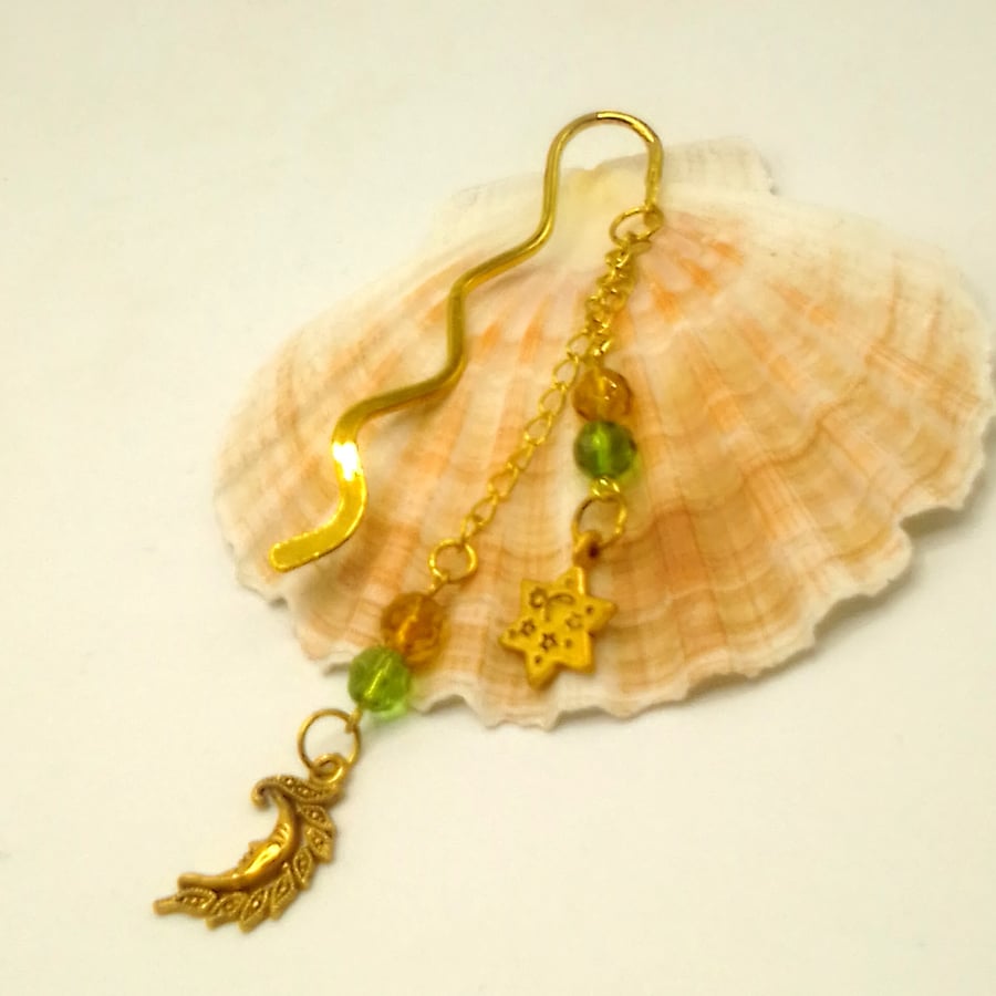 Beaded Gold Bookmark With Lemon & Lime Beads and Moon and Star Charms