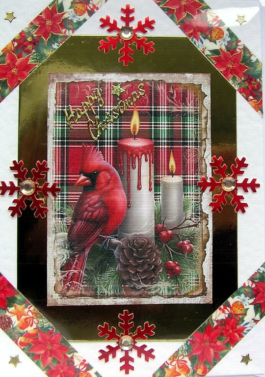 Hand Crafted Decoupage Chistmas Card - Happy Christmas (2728) Red Cardinal Bird