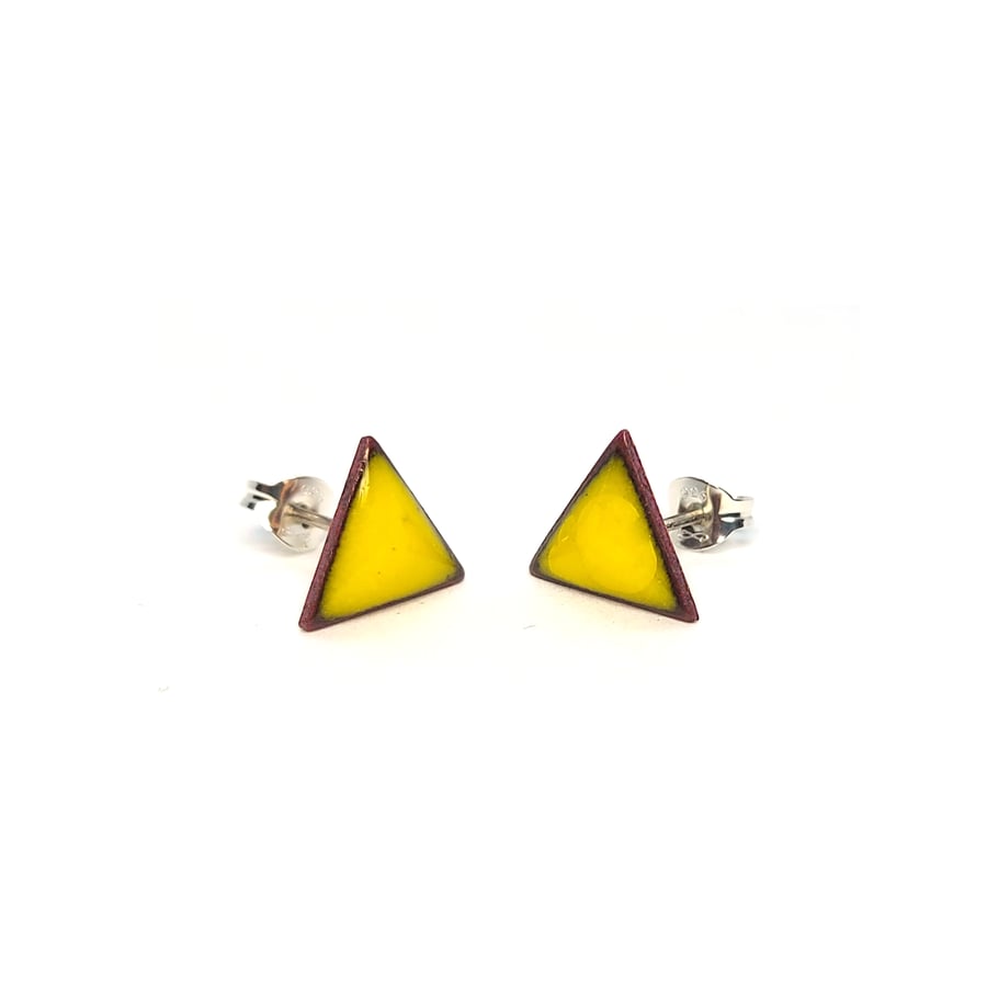 Colourful yellow enamel triangle stud earrings