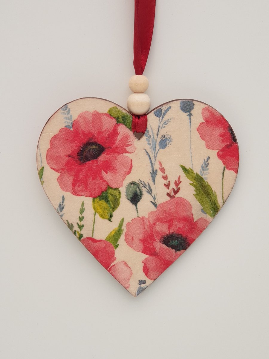 Poppies wooden hanging heart, pretty floral gift for her