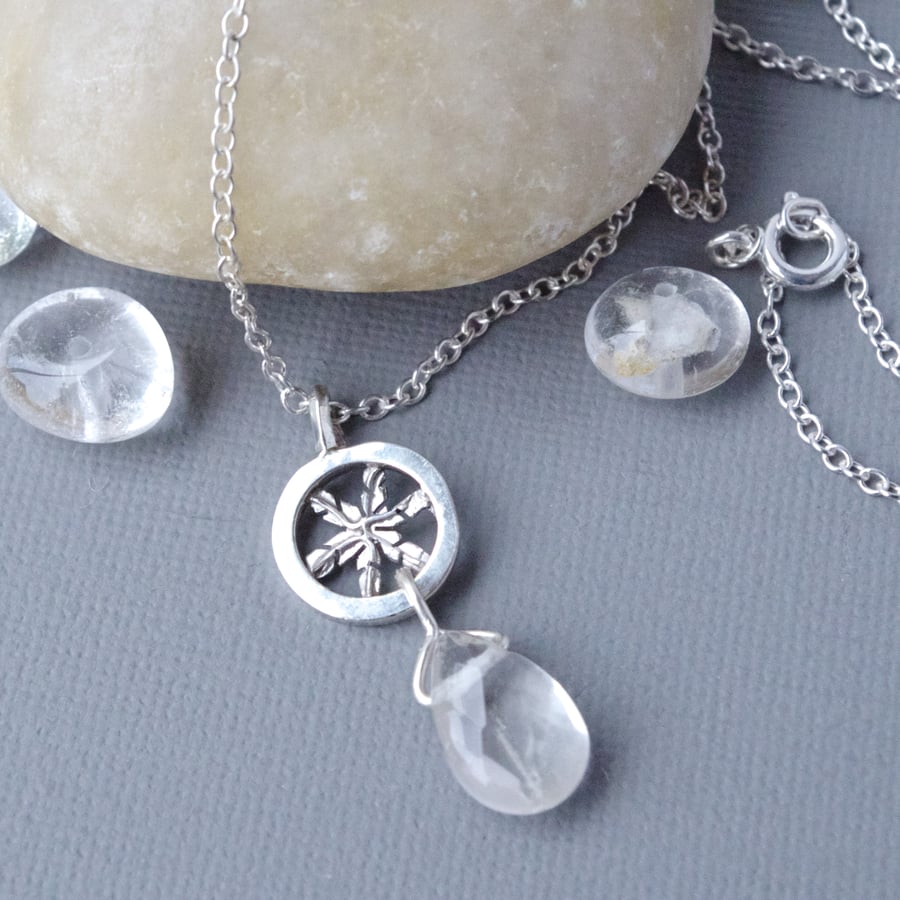 Sterling Silver Snowflake Necklace Pendant Clear Quartz Gemstone Briolette Drop