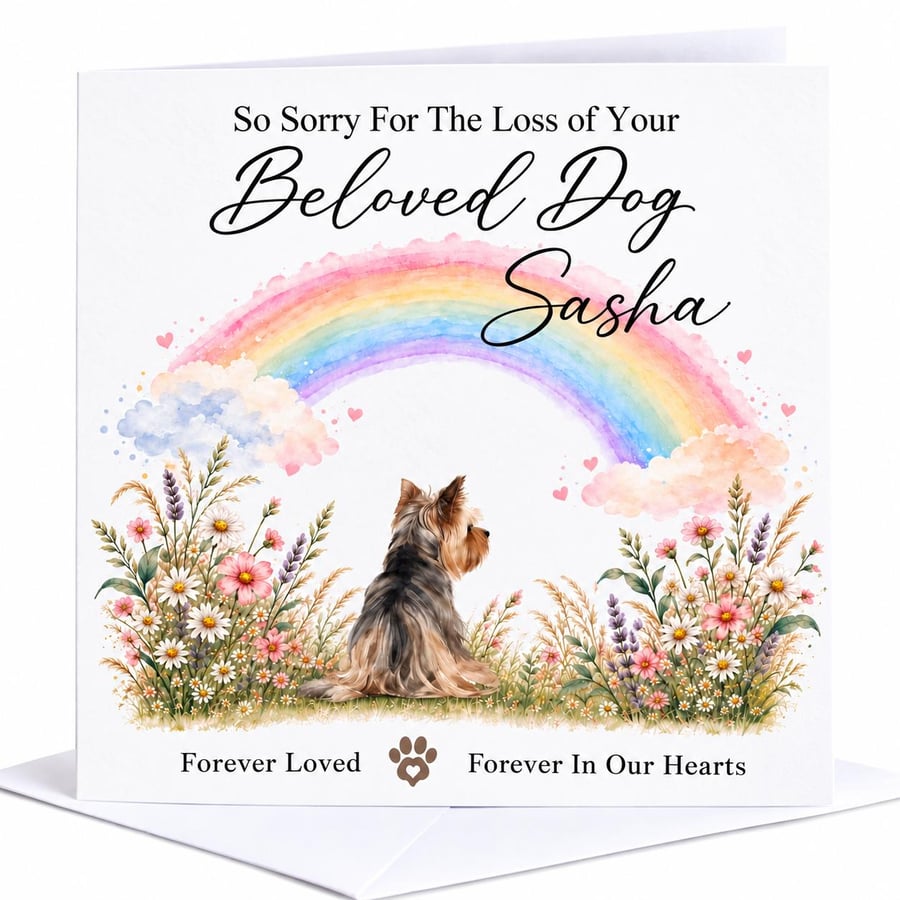 Personalised Yorkshire Terrier Dog Loss Card, Sympathy Card, Rainbow Bridge Card