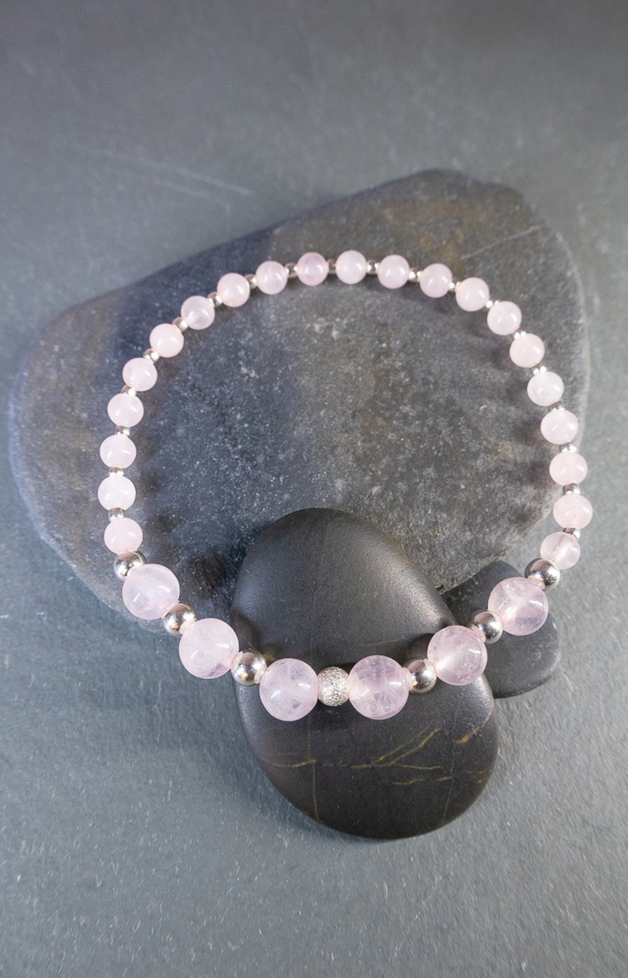 Bracelet Sterling Silver and Rose Quartz gemstones stretchy beaded handmade 