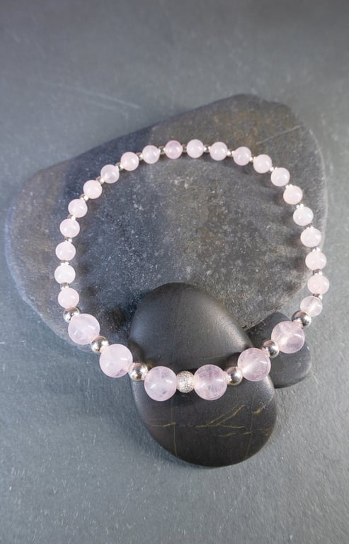 Bracelet Sterling Silver and Rose Quartz gemstones stretchy beaded handmade 