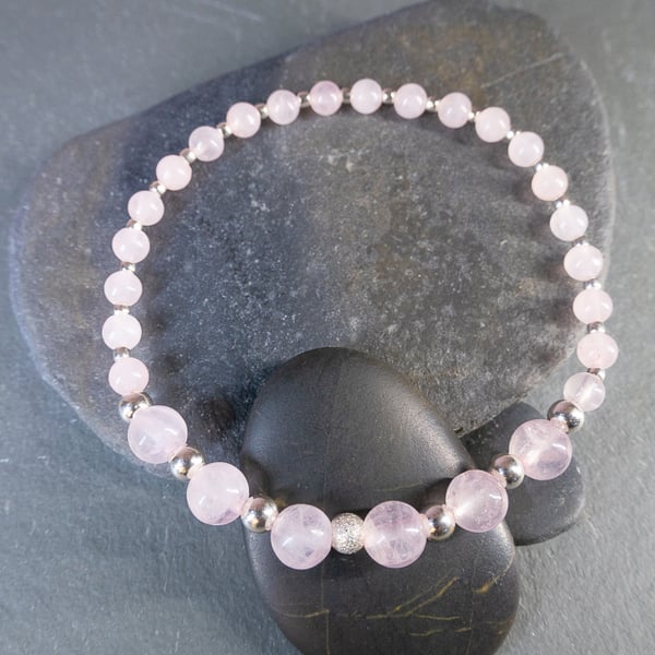 Bracelet Sterling Silver and Rose Quartz gemstones stretchy beaded handmade 