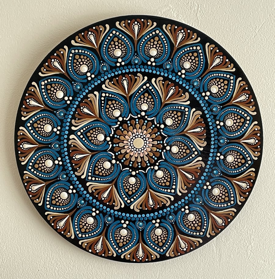 Blue Dot Mandala Acrylic Wall Art Painting Solid Wood Circle Unique Hand Painted