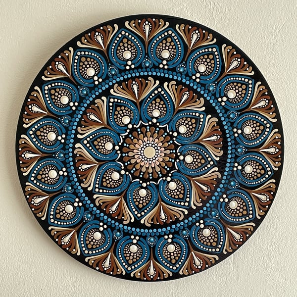 Blue Dot Mandala Acrylic Wall Art Painting Solid Wood Circle Unique Hand Painted