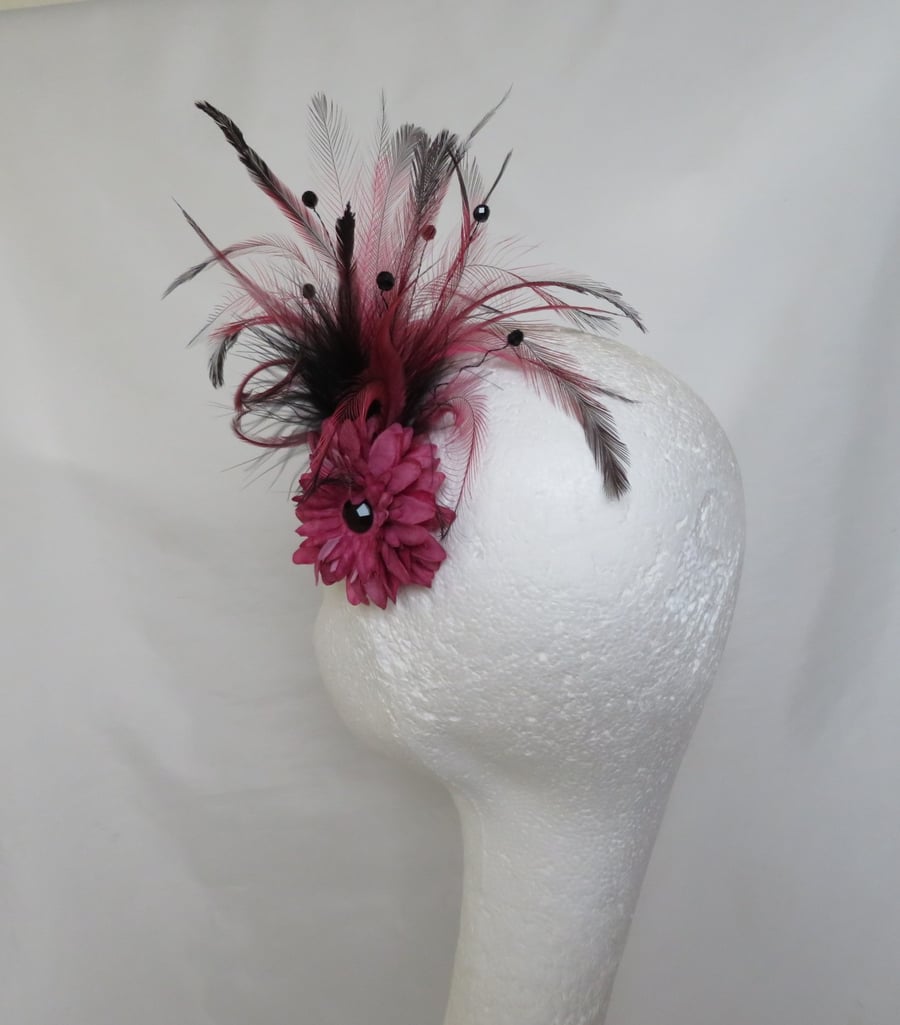 Black & Dusky Pink Feather Flower & Crystal Feather Fascinator 