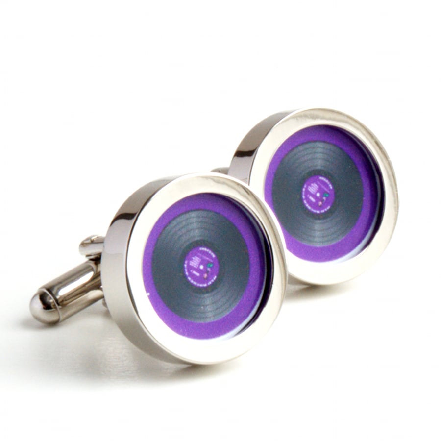 Vinyl DJ Cufflinks in Purple Spin the Record Right Round Baby