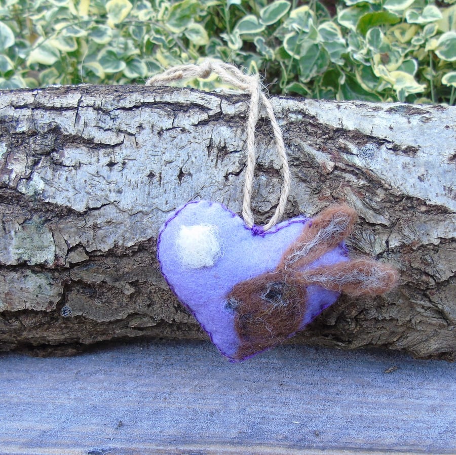 Lavender hanging heart with needlefelt hare decoration moon gazing hare