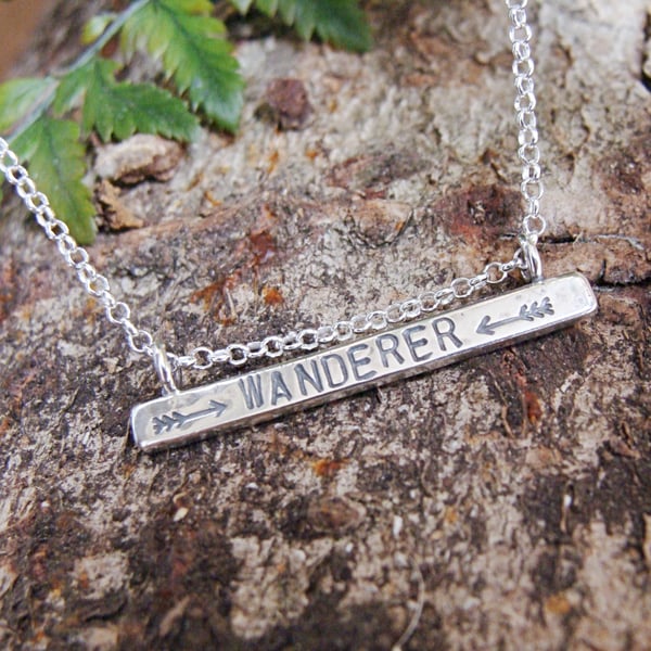 WANDERER Sterling Silver Stamped Word Phrase Bar Necklace 