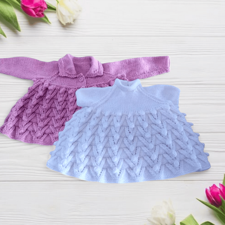 Hand knitted baby lilac cardigan and white dress 0 - 3 months