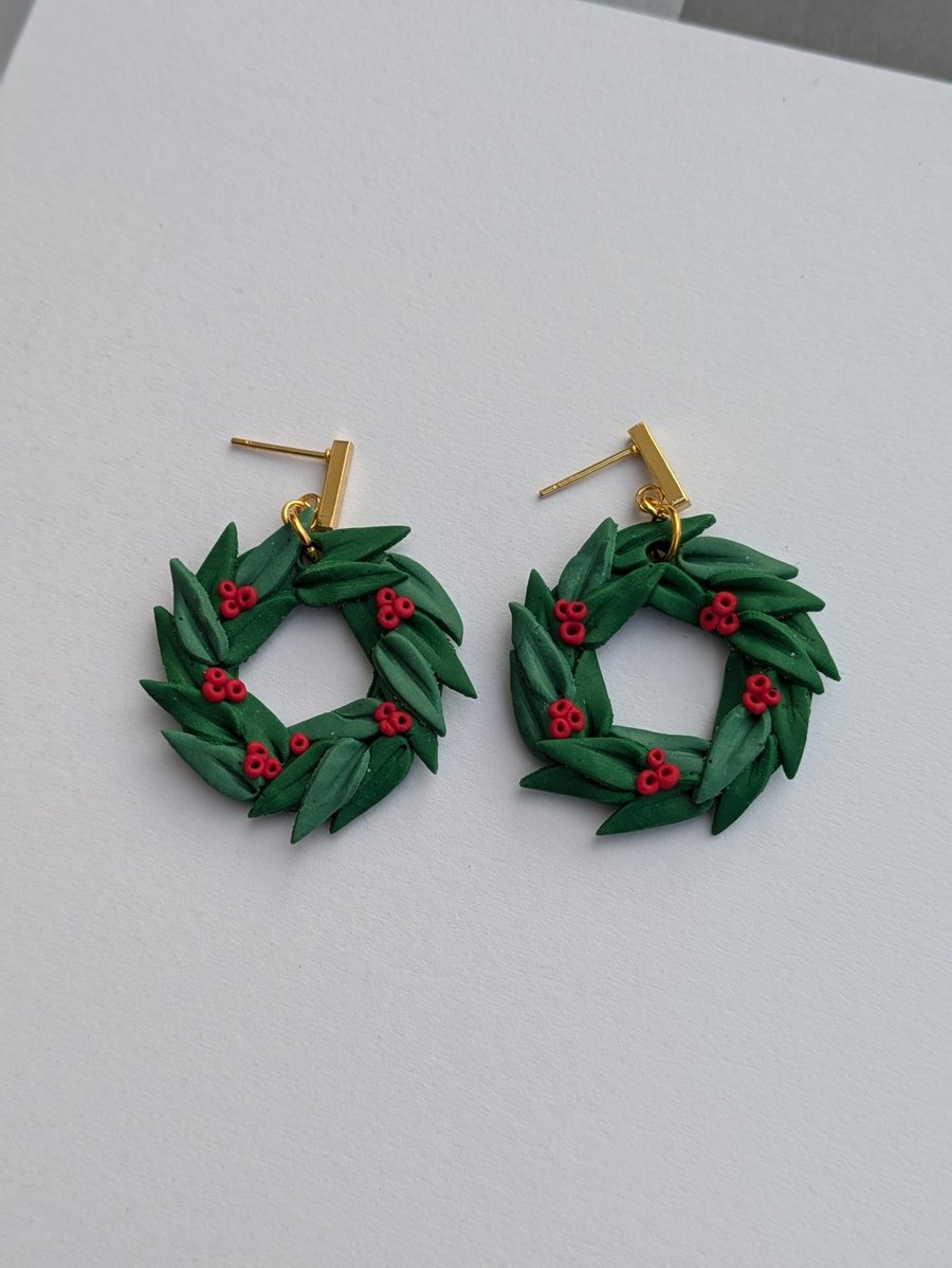 Elegant Wreath Earrings, Christmas jewellery, Handmade Polymer Clay