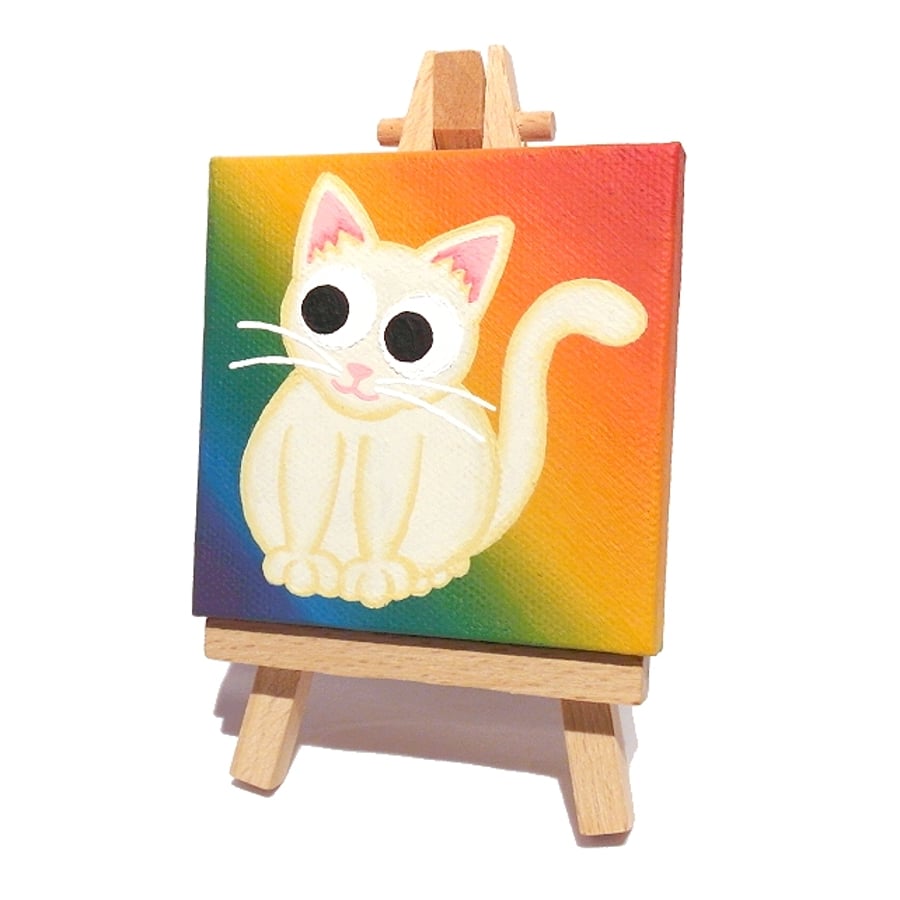 Sold Rainbow Cat Original Art on Miniature Canvas