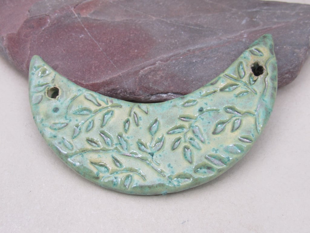 Verdigris Leaf Pattern Ceramic Crescent Bib Pendant