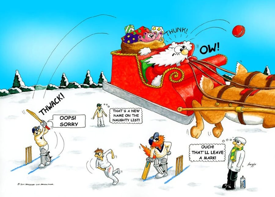 Cricket Christmas card. Santa Cricket. Funny cartoon card. FREE UK P&P