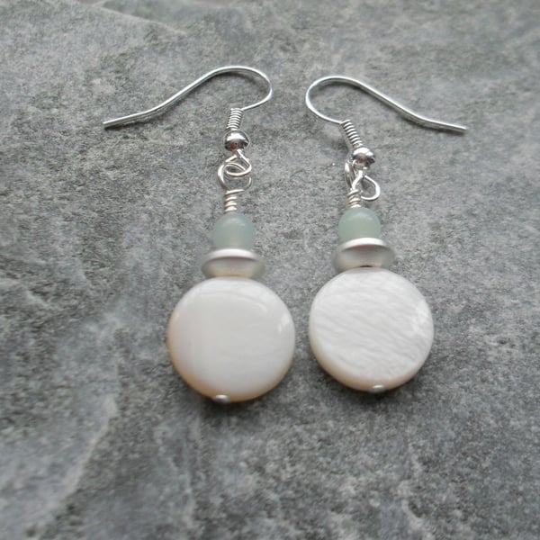 Cream Mother Of Pearl And Amazonite Silver Plated Shell Earrings