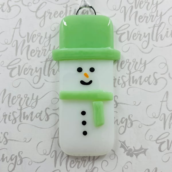 Handmade Fused Glass Snowman Hanging Christmas Decoration 