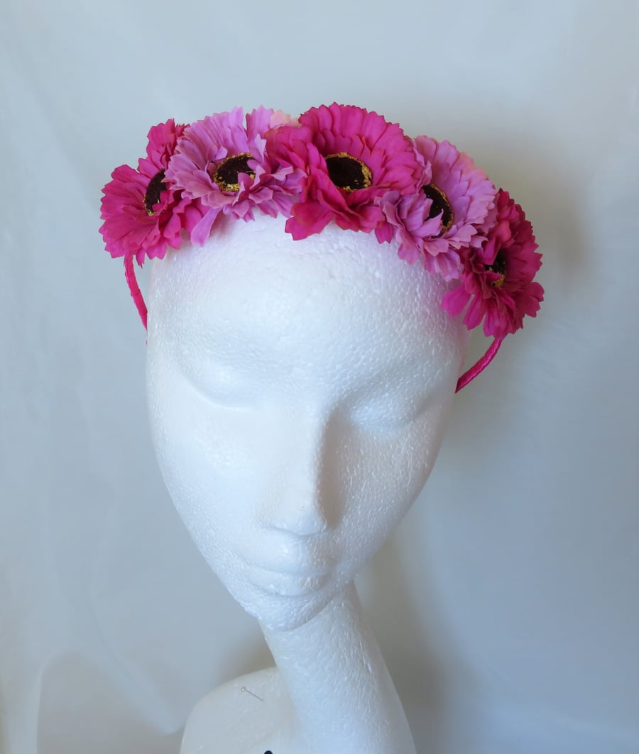 Fuchsia Cerise Pink Flower Crown Retro Vintage Boho Floral Hair Headband Band