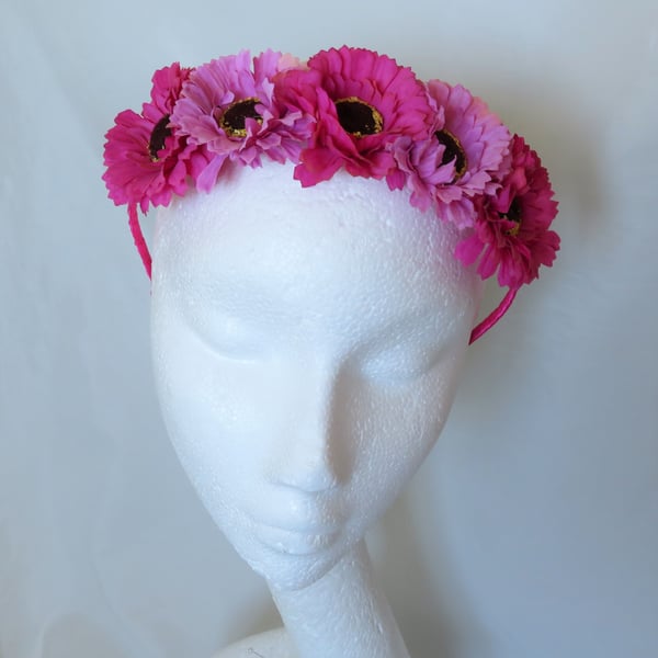 Fuchsia Cerise Pink Flower Crown Retro Vintage Boho Floral Hair Headband Band