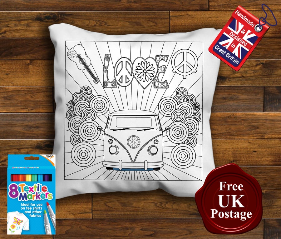 VW Camper Colouring Cushion Cover, With or Without Fabric Pens Choose Your Size