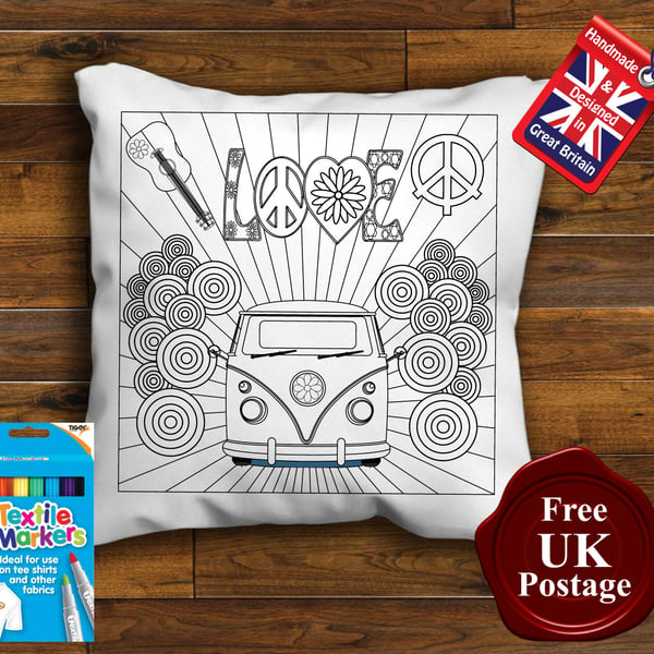 VW Camper Colouring Cushion Cover, With or Without Fabric Pens Choose Your Size