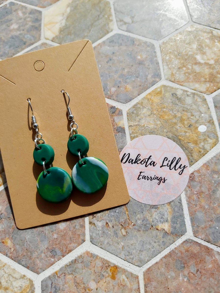 Green and White, double drop polymer clay earrings