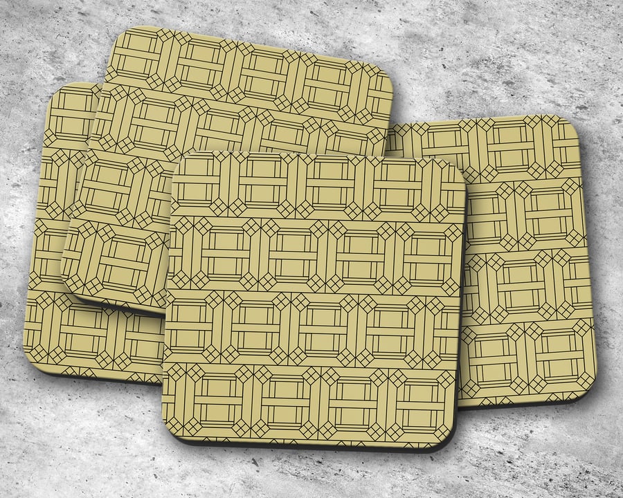 Set of 4 Gold with Black Geometric Design Coasters