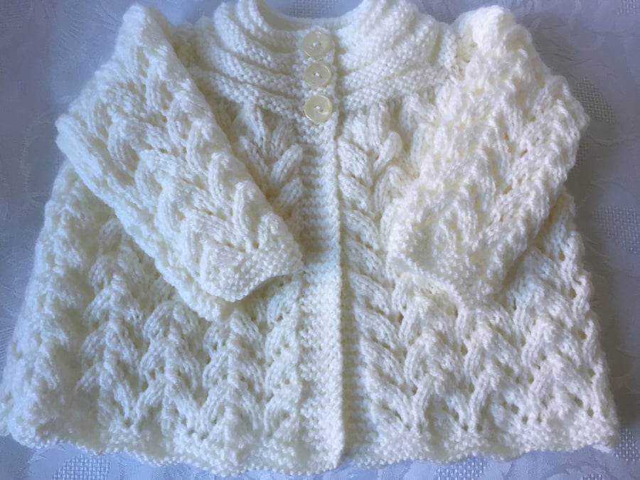 Hand Knitted Babies Ivory Matinee  Cardigan will fit 0-3 mths