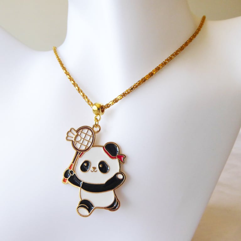 Whimsical Enamelled Panda Playing Badminton Pendant on Gold Chain