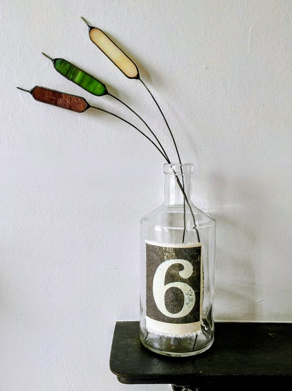 Perfectly Imperfect Stained Glass Stems, Trio of Bulrushes