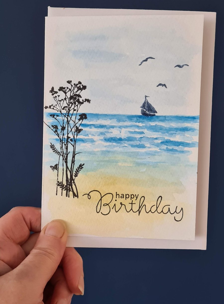 Watercolour beach scene birthday card
