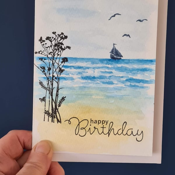 Watercolour beach scene birthday card