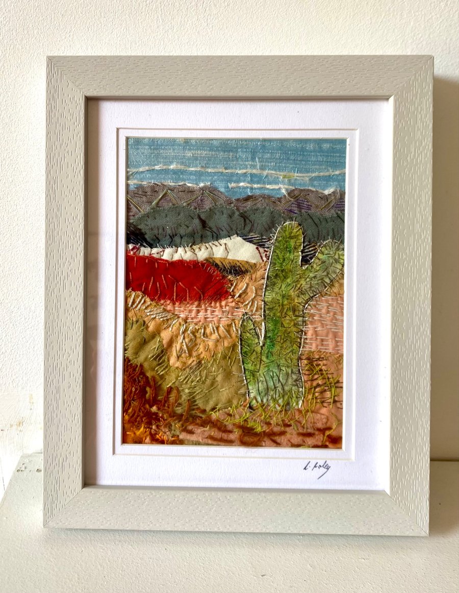 Cactus landscape in South America, hand embroidered collage