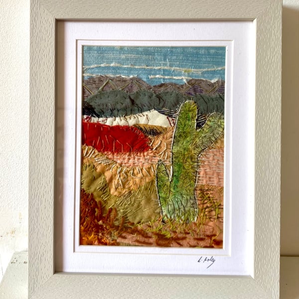 Cactus landscape in South America, hand embroidered collage