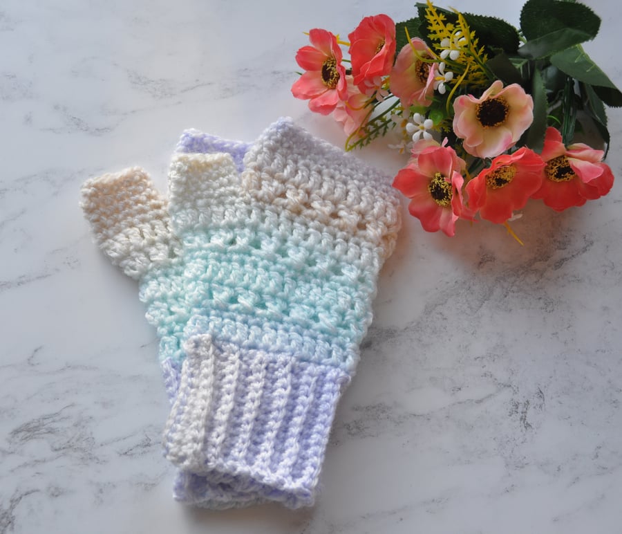 Hand Crochet Fingerless Gloves Mittens Mitts Free Post Pastel Colour Ombre