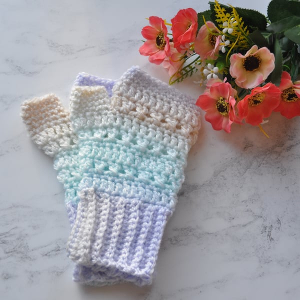 Hand Crochet Fingerless Gloves Mittens Mitts Free Post Pastel Colour Ombre