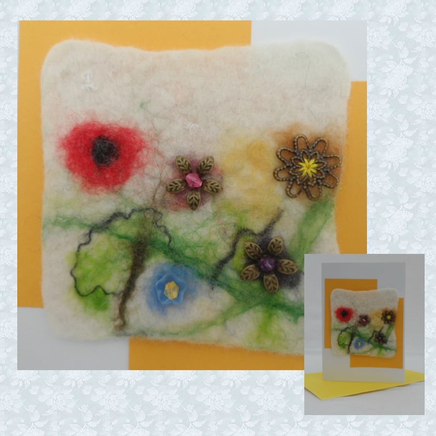 Greetings Card, felted with beaded flowers 