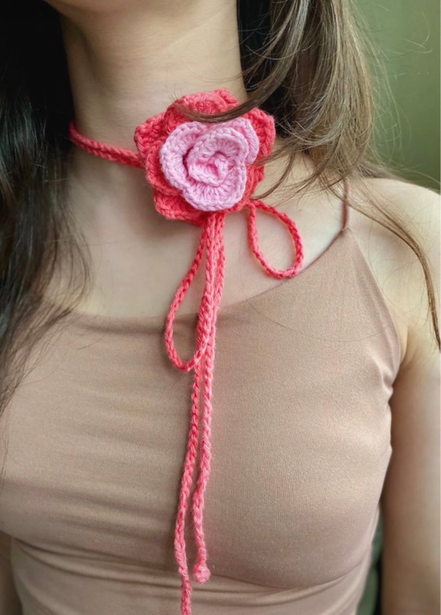 Crochet pink rose choker