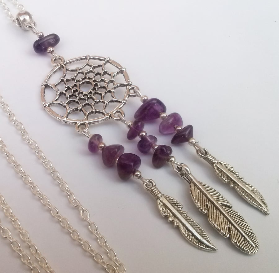 Silver Plate Purple Amethyst New Age Dreamcatcher Necklace 