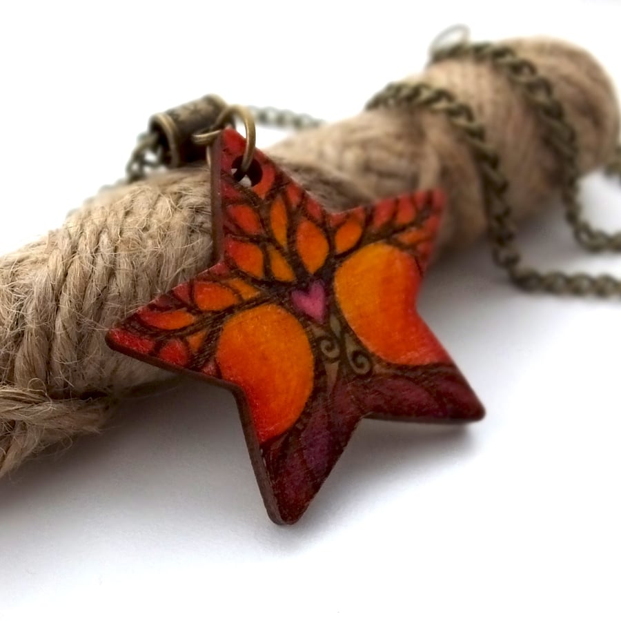 Tree of Life at Sunset Pyrography with Colour Wooden Pendant and Necklace