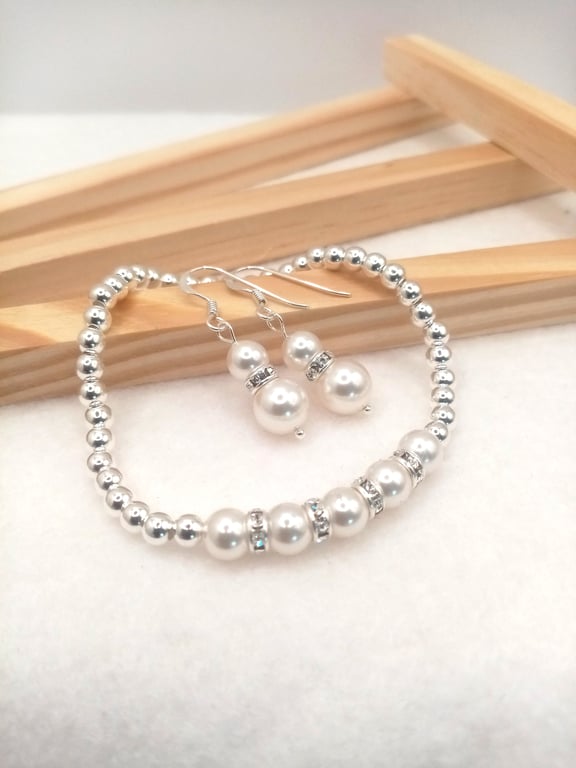 White Pearl & Crystal Drop Earrings with Sterling Silver Bead Bracelet Set