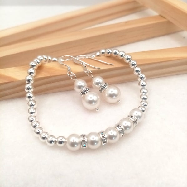 Sterling Silver Austrian Crystal Pearl Earrings and Matching Bracelet Set