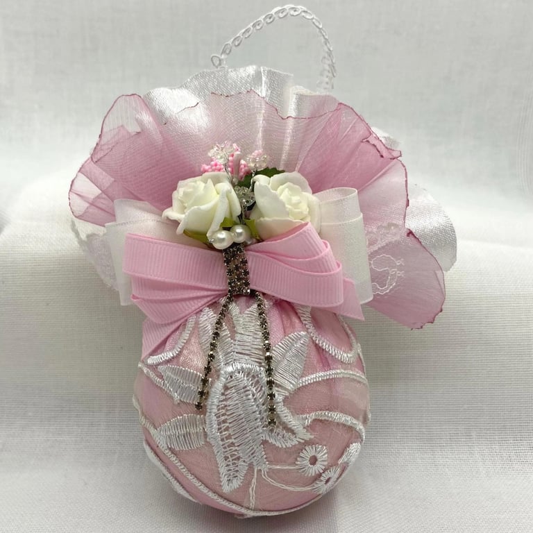 Pink and White Christmas Bauble with Floral Embroidery and Ribbon Bow