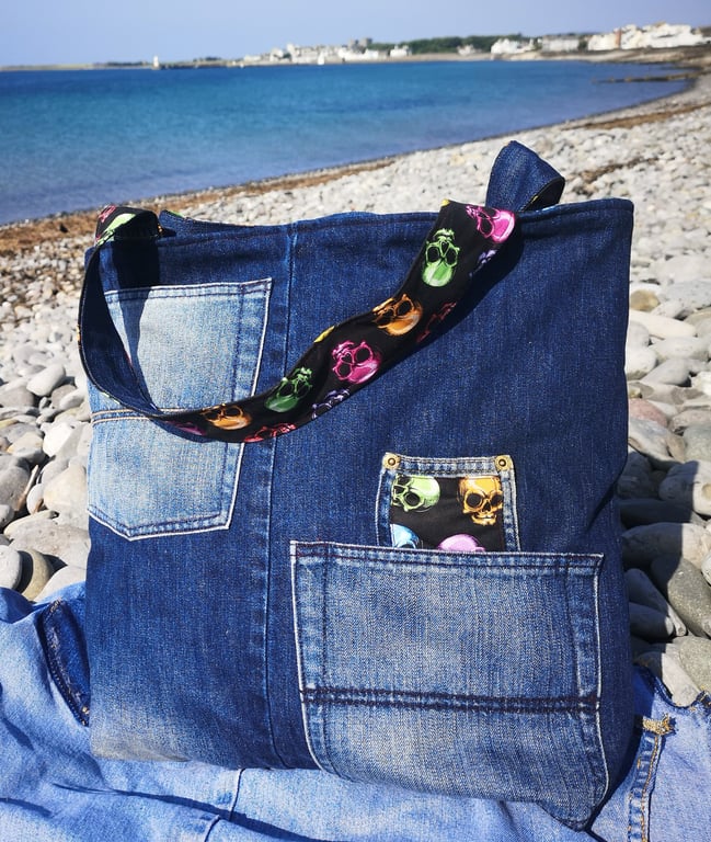 Upcycled Denim Tote Bag – Handmade Skull Shoulder Bag, Recycled Jeans, Alternati