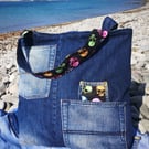 Upcycled Denim Tote Bag – Handmade Skull Shoulder Bag, Recycled Jeans, Alternati