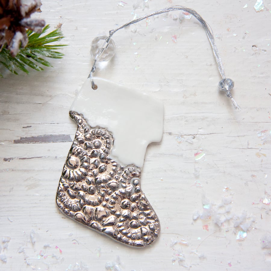 Christmas Porcelain and Platinum Stocking Decoration